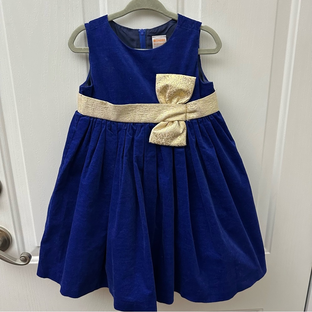 Gymboree Blue Velvet Dress with Gold Sash and Bow Size 18/24 month